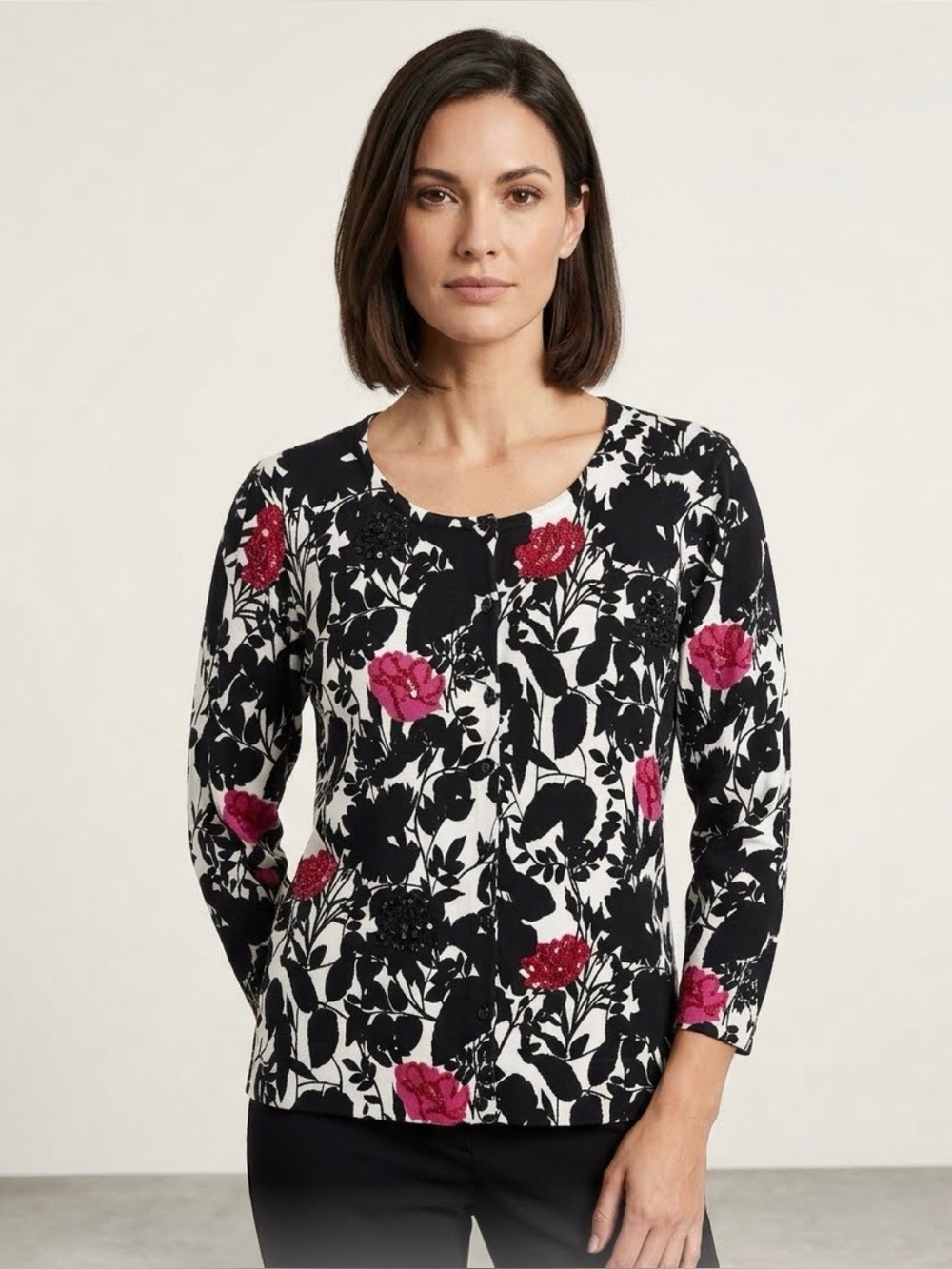 Style & Co. Black, White & Red Floral Cardigan with Sequins.